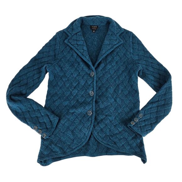 Talbots 100% Merino Wool Basket Weave Cardigan Womens Med Teal Soft Grannycore - Picture 1 of 6